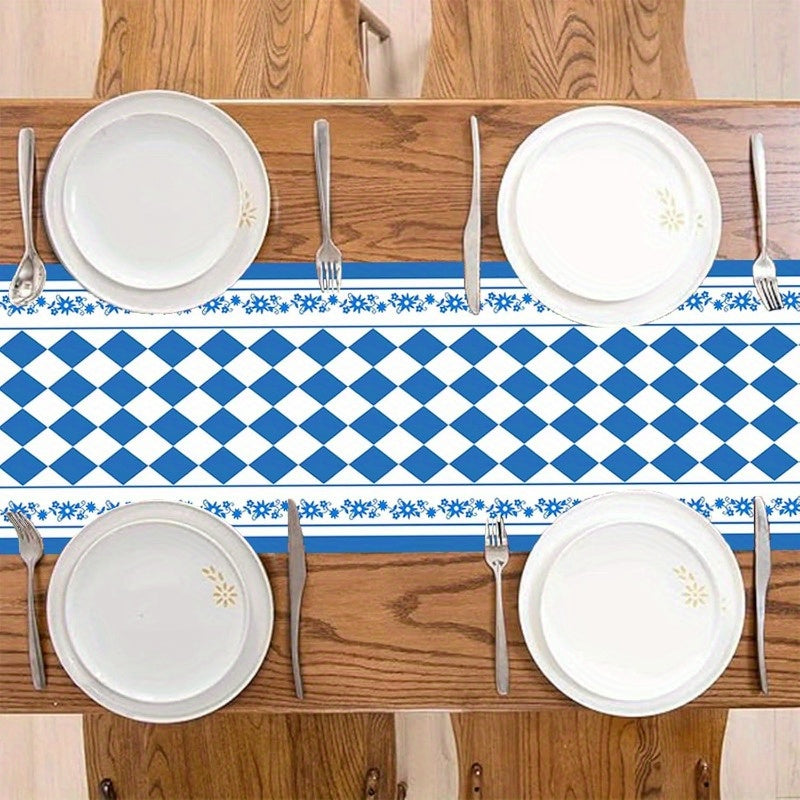 Eleganter Oktoberfest Tischläufer in traditionellem blau-weißem Rautenmuster. Ideal für bayerische Feiern & Events.
