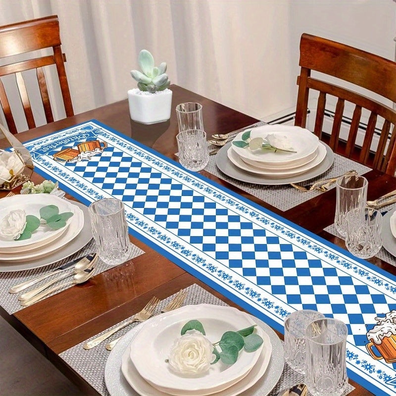 Hochwertiger Polyester Tafelläufer, blau-weißes Rautenmuster. Authentische Oktoberfest-Deko für jede Festtafel.