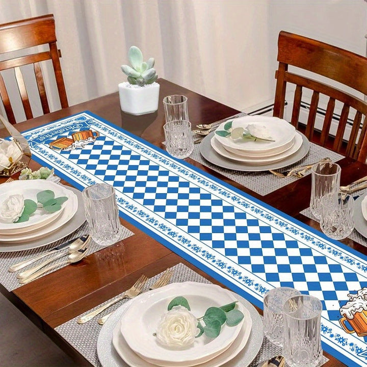 Hochwertiger Polyester Tafelläufer, blau-weißes Rautenmuster. Authentische Oktoberfest-Deko für jede Festtafel.