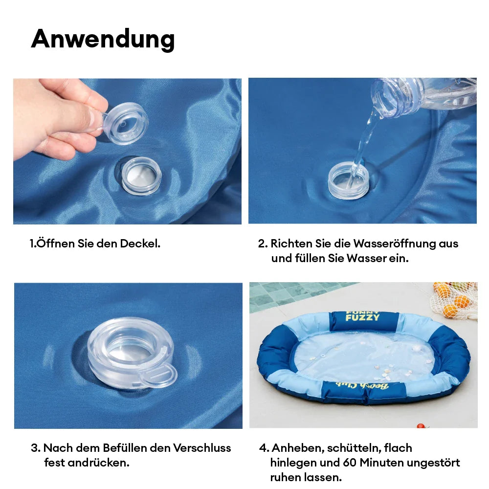 Nahaufnahme einer blauen Wasserkühlmatte für Hunde, zeigt die strukturierte Oberfläche zur besseren Abkühlung.