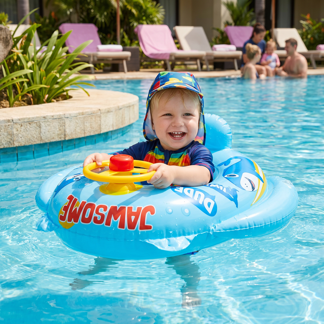 Blauer Baby Hai Schwimmring für Kleinkinder mit Lenkrad, ideal für sicheren Wasserspaß im Pool.