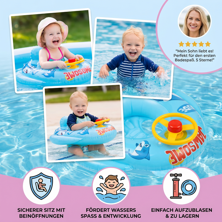 Lustiger Hai Baby Schwimmring für sicheres Schwimmen; mit Lenkrad für interaktiven Wasserspielspaß.