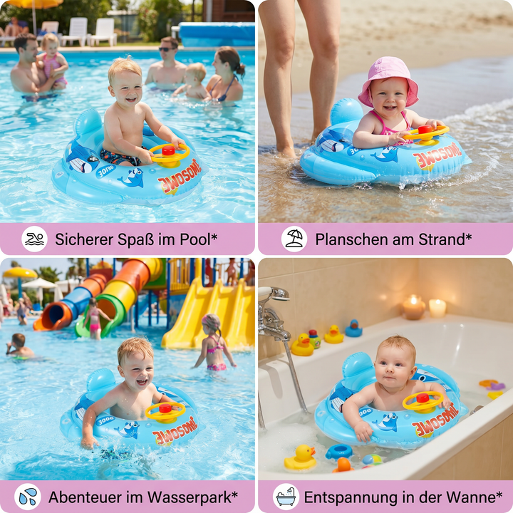 Tiefblauer Hai Schwimmring für Babys und Kleinkinder, mit Lenkrad für lustige Poolabenteuer im Sommer.