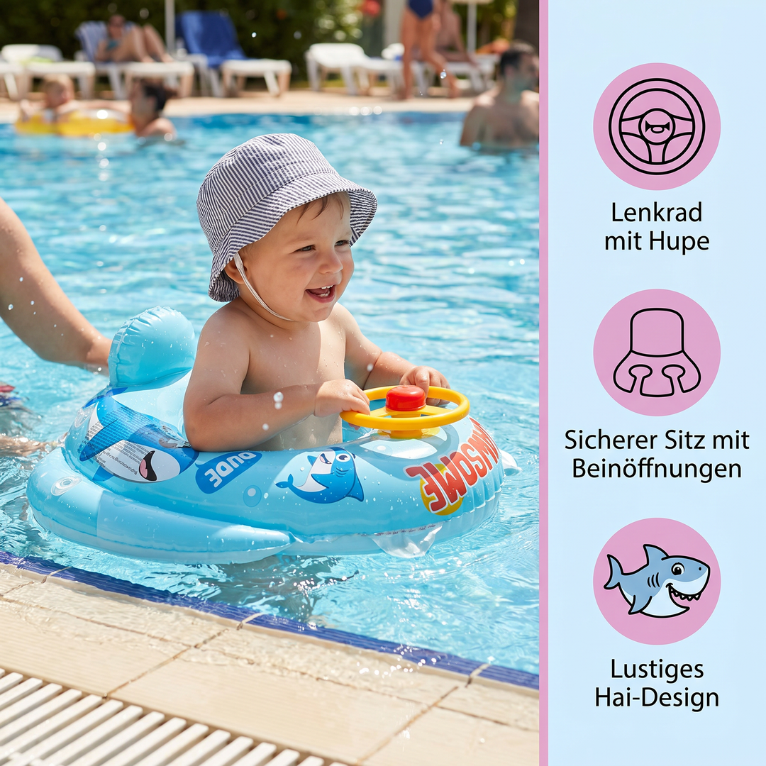 Sicherer Hai Schwimmring mit Lenkrad, fördert Wassergewöhnung & Planschen für Babys und Kleinkinder.