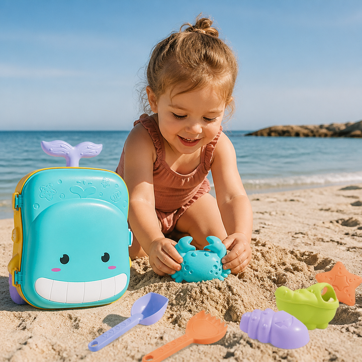 Sandspielzeug-Koffer in Blau/Lila für Kinder, fördert Kreativität und Motorik beim Sandkasten-Spielen.