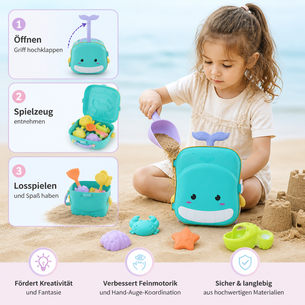 Kinderspielzeug-Set: Blauer Koffer, lila Sanduhr, Schippe, Rechen und bunte Förmchen für Strand und Sandkasten.