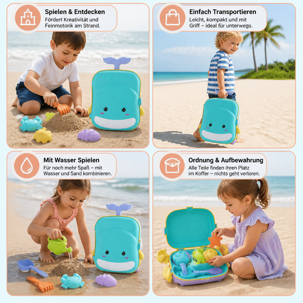Kinder genießen kreativen Sandspaß mit dem blauen Strandspielzeug-Koffer, inklusive Sanduhr und Förmchen.