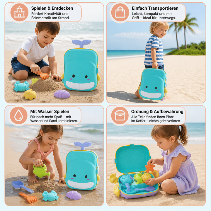 Kinder genießen kreativen Sandspaß mit dem blauen Strandspielzeug-Koffer, inklusive Sanduhr und Förmchen.
