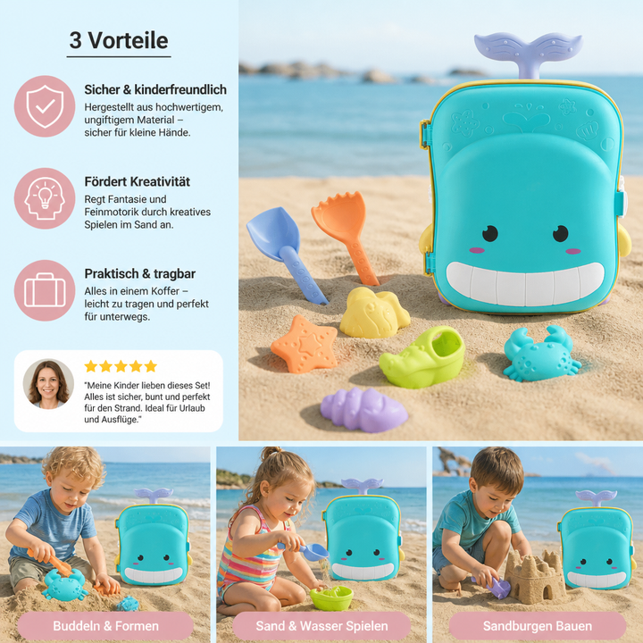 Lila-blauer Strandspielzeug-Koffer mit Sanduhr, Eimer, Schaufel und vielseitigen Sandförmchen für Kinder.