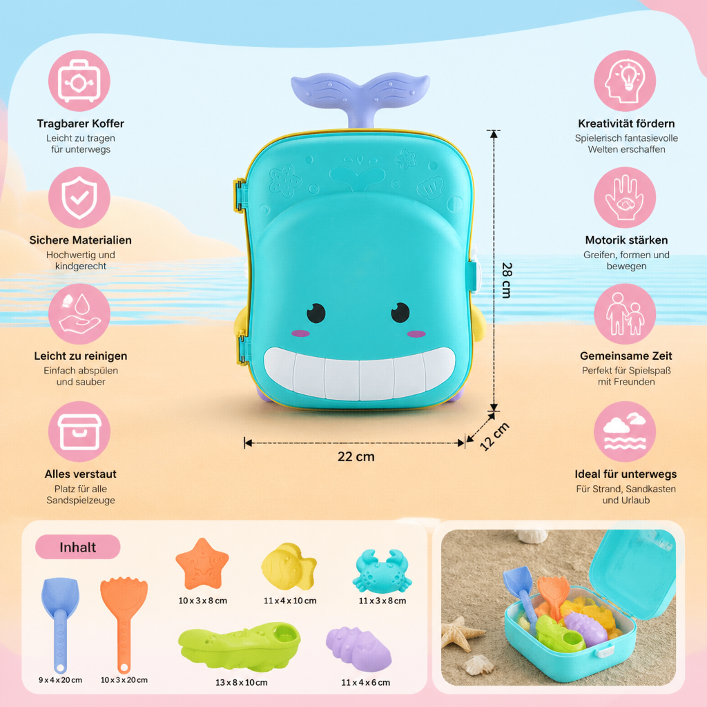 Lernspielzeug-Koffer für Kinder: Sanduhr, Schaufel, Rechen, Förmchen. Fördert Motorik und Kreativität am Strand.