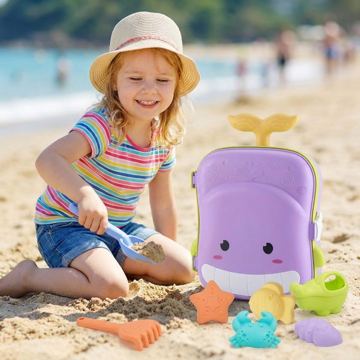 Blauer Kinder Sandspielzeug-Koffer mit integrierter Sanduhr, Schaufel und Förmchen für stundenlangen Sandspaß.