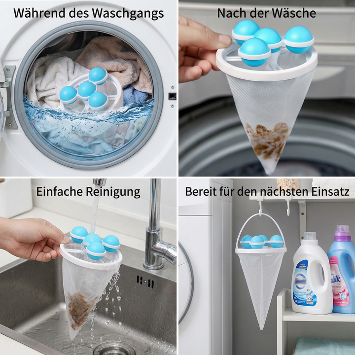 Nahaufnahme des blauen Haarfangbeutels als Tierhaarentferner für die Waschmaschine, hält Textilien haarfrei.