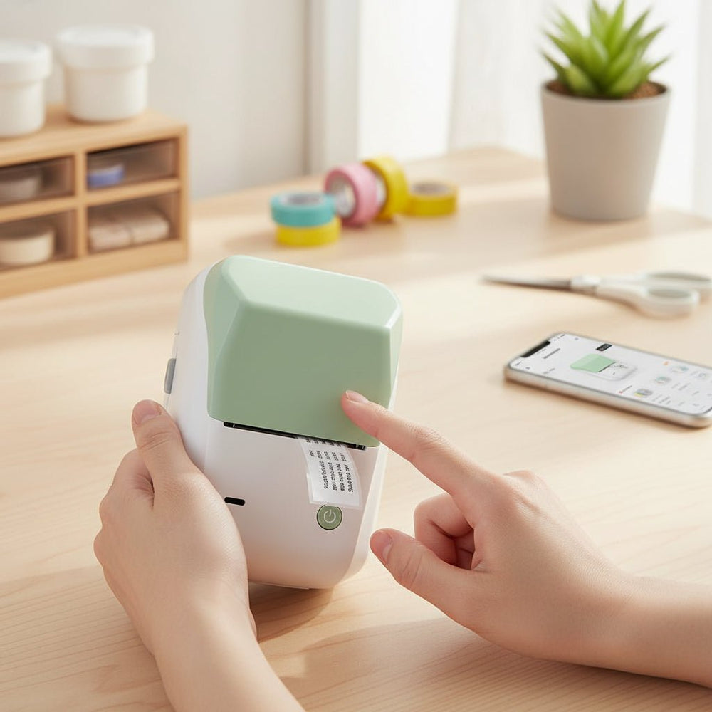 BLUETAG mobiler Thermodrucker druckt Etiketten via Bluetooth, ideal für schnelle Organisation unterwegs.