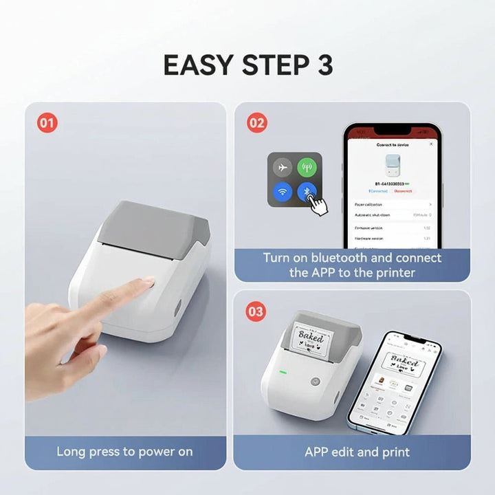 Kompakter BLUETAG Bluetooth Etikettendrucker, modernes Design, kabellos für effizientes Etikettieren im Büro.
