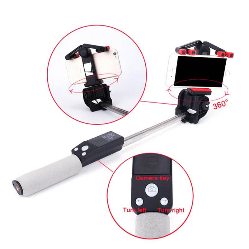 Reise-Selfie Stick mit Bluetooth und 360° Drehung, ideal für Vlogs und Fotos unterwegs.
