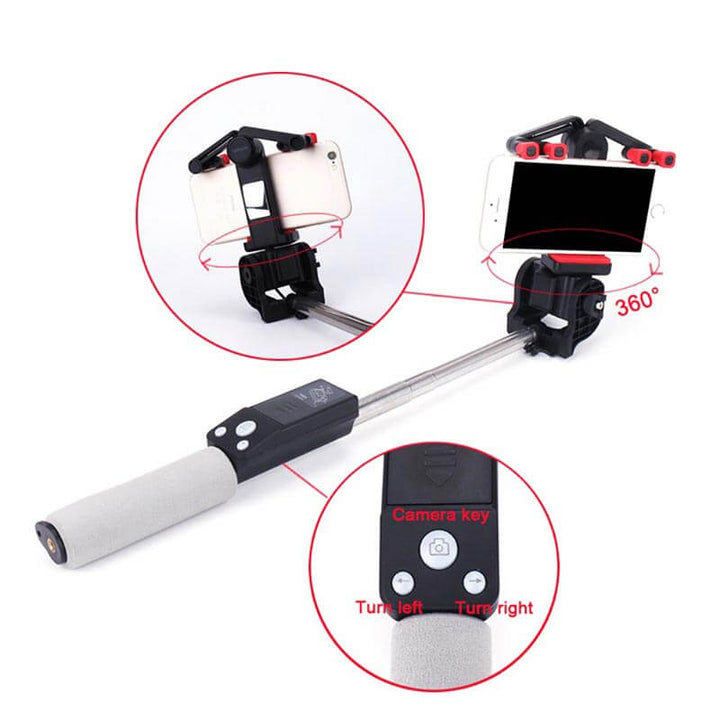 Reise-Selfie Stick mit Bluetooth und 360° Drehung, ideal für Vlogs und Fotos unterwegs.