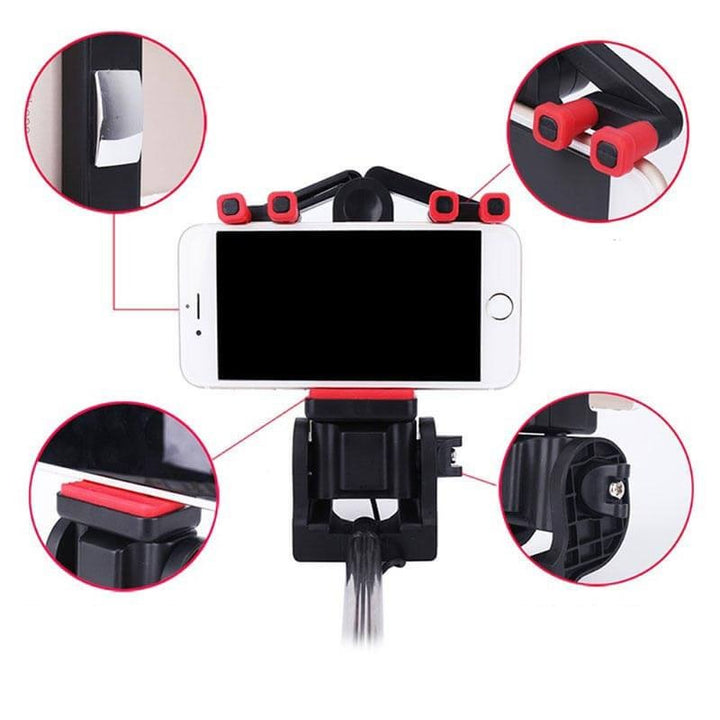 Universal Bluetooth Selfie Stick für alle Smartphones, mit 360° schwenkbarer Halterung.