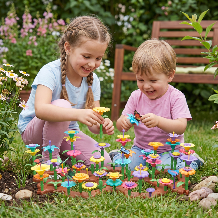 Farbenfrohes Blumen-Garten Lernspielzeug zum Stecken, entwickelt Motorik und kreatives Denken bei Kindern.