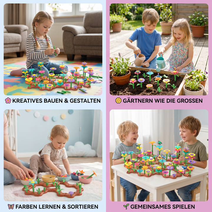 Motorik-Steckspiel: Kinder stecken bunte Blumen im Garten, verbessern so spielerisch ihre Feinmotorik.