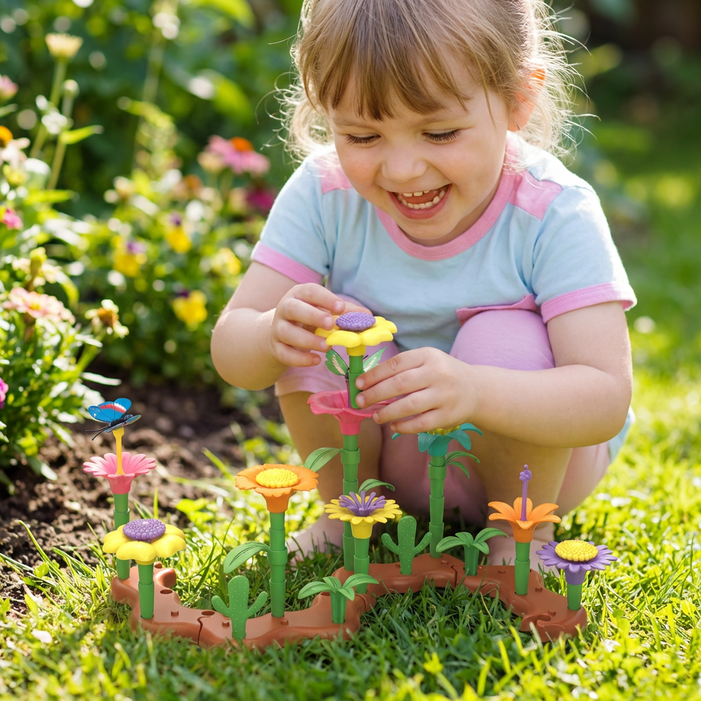 Kinder gestalten mit diesem Steckspiel ihren eigenen Blumen-Garten, ideal zur Förderung der Entwicklung.