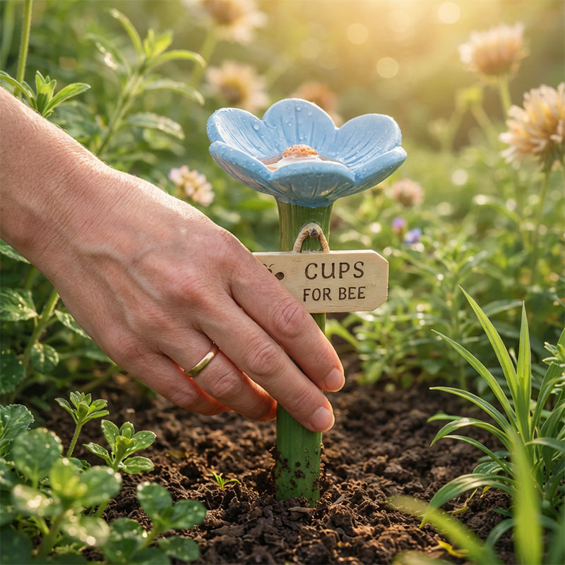 Garten-Wasserschälchen für Bestäuber, blütenförmig, robuste Harzkonstruktion.