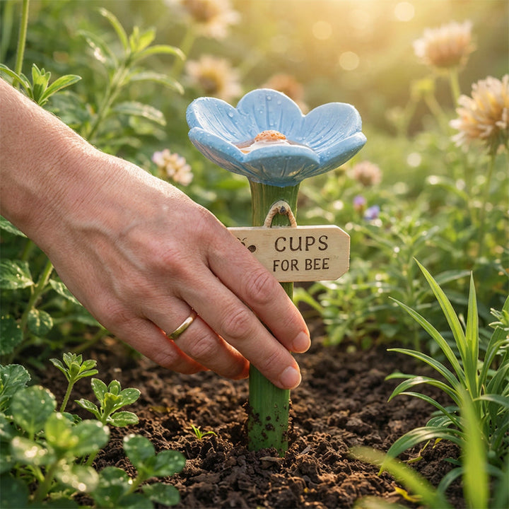 Garten-Wasserschälchen für Bestäuber, blütenförmig, robuste Harzkonstruktion.