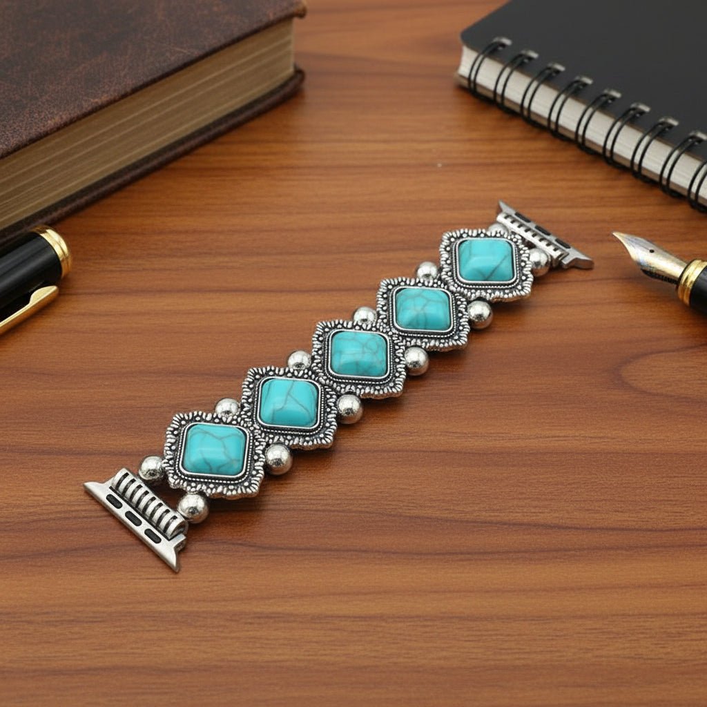 Boho-Chic Smartwatch-Armband mit edlem Türkis-Detail, stilvolles Textilarmband für Damen.