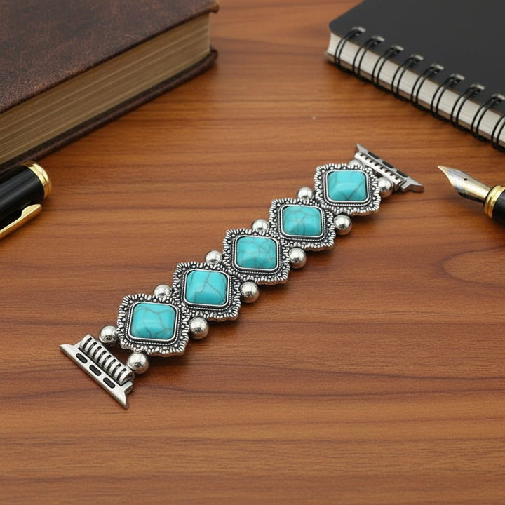 Boho-Chic Smartwatch-Armband mit edlem Türkis-Detail, stilvolles Textilarmband für Damen.