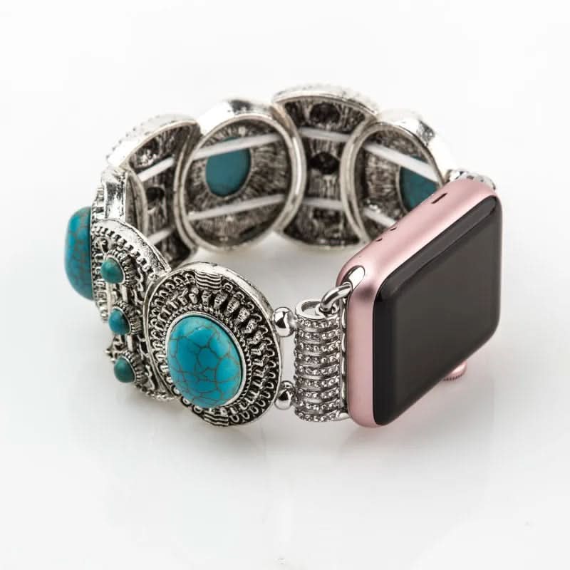 Elastisches Boho-Smartwatch-Armband aus Textil mit Türkis. Bequemes und modisches Uhrenarmband für Frauen.