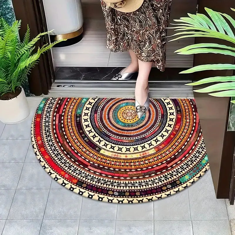 Halbmond-Eingangsmatte im Boho-Stil, flach und schmutzfangend. Perfekt als rutschfeste Outdoor-Fußmatte.