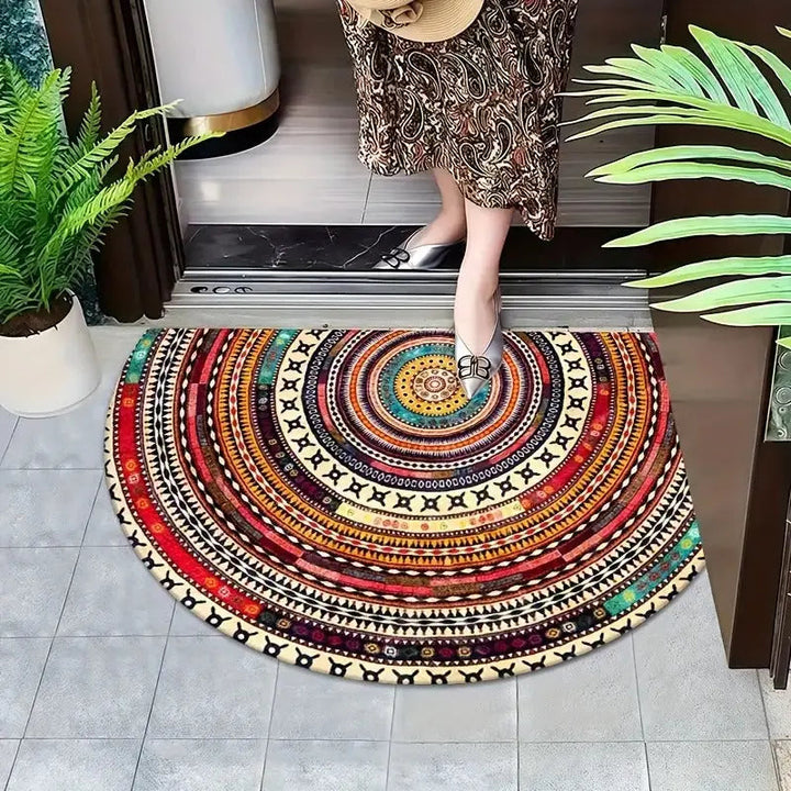 Halbmond-Eingangsmatte im Boho-Stil, flach und schmutzfangend. Perfekt als rutschfeste Outdoor-Fußmatte.