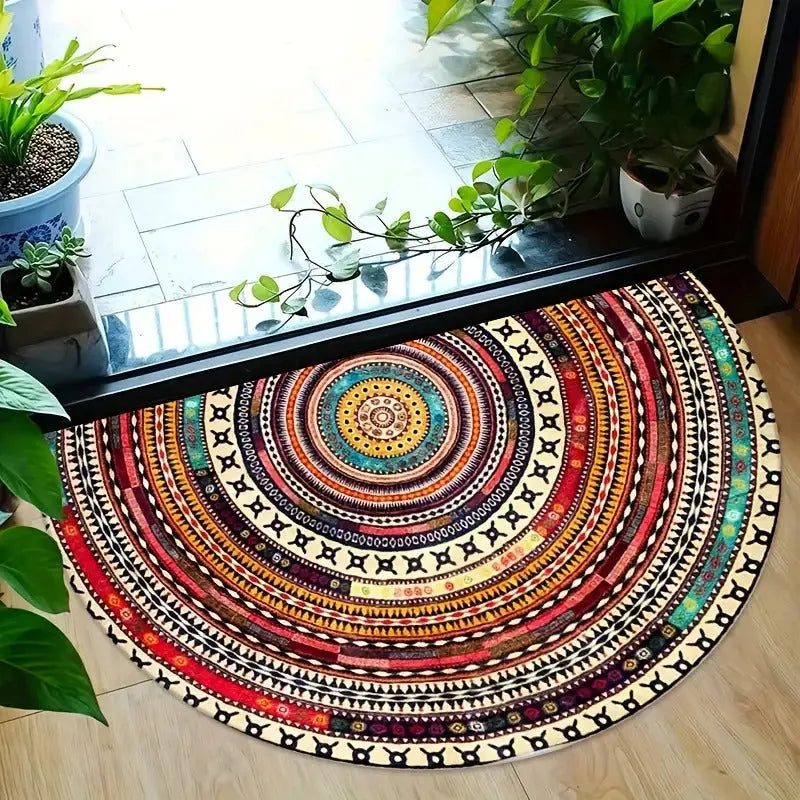 Stilvolle Boho-Fußmatte in Halbmondform, ideal für Indoor & Outdoor. Dekorative Eingangsmatte für ein gemütliches Zuhause.