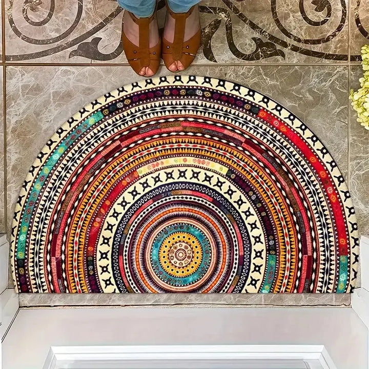 Detailansicht der flachen Boho Halbmond-Fußmatte, zeigt rutschfeste Struktur und stilvolles Design für den Eingangsbereich.