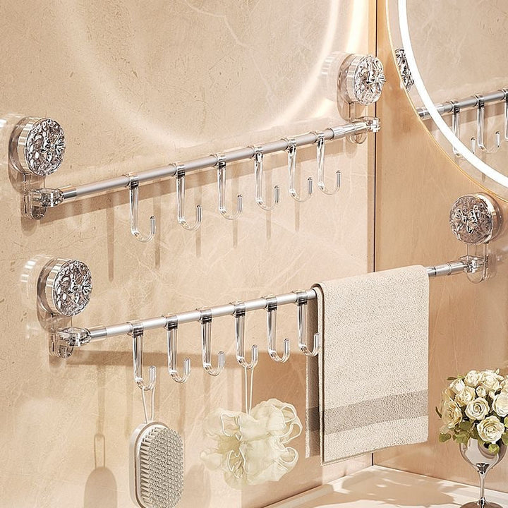 Multifunktionale Bad-Wandhalterung mit Haken, bohrfrei und transparent, perfekt für Dusche und Kosmetik-Aufbewahrung.