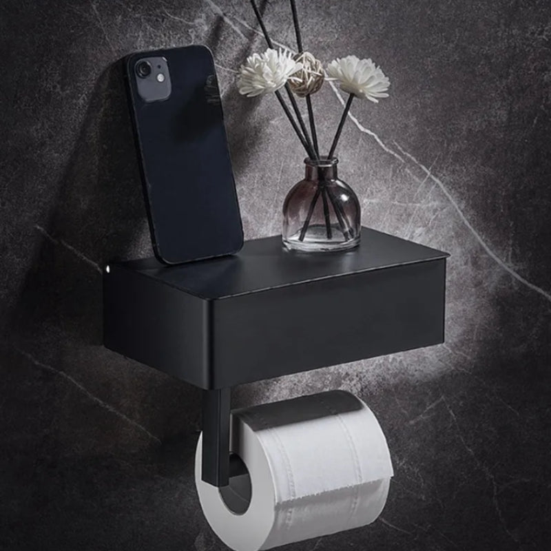 Bohrfreier Toilettenpapierhalter mit Ablage & Box für modernes Badezimmer. Schwarzes WC-Accessoire.