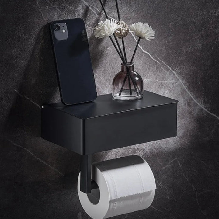 Bohrfreier Toilettenpapierhalter mit Ablage & Box für modernes Badezimmer. Schwarzes WC-Accessoire.