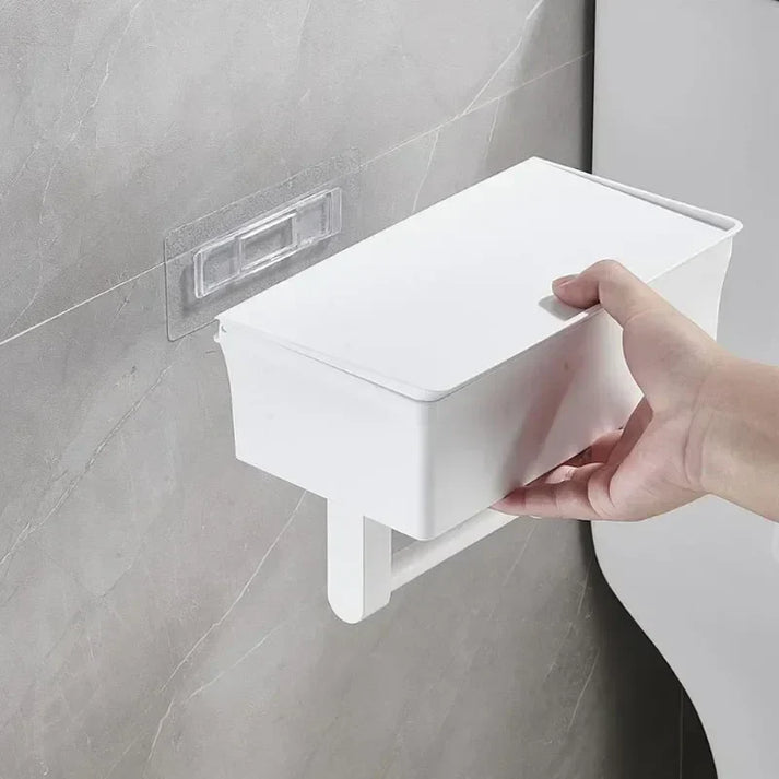 Eleganter Toilettenpapierhalter weiß mit Ablage & Aufbewahrungsbox, bohrfreie Wandmontage im Bad.