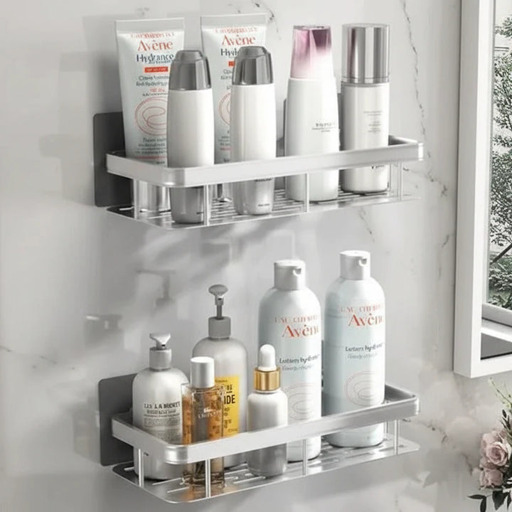 Modernes selbstklebendes Duschregal aus Edelstahl, minimalistisch & platzsparend, für Badzubehör.