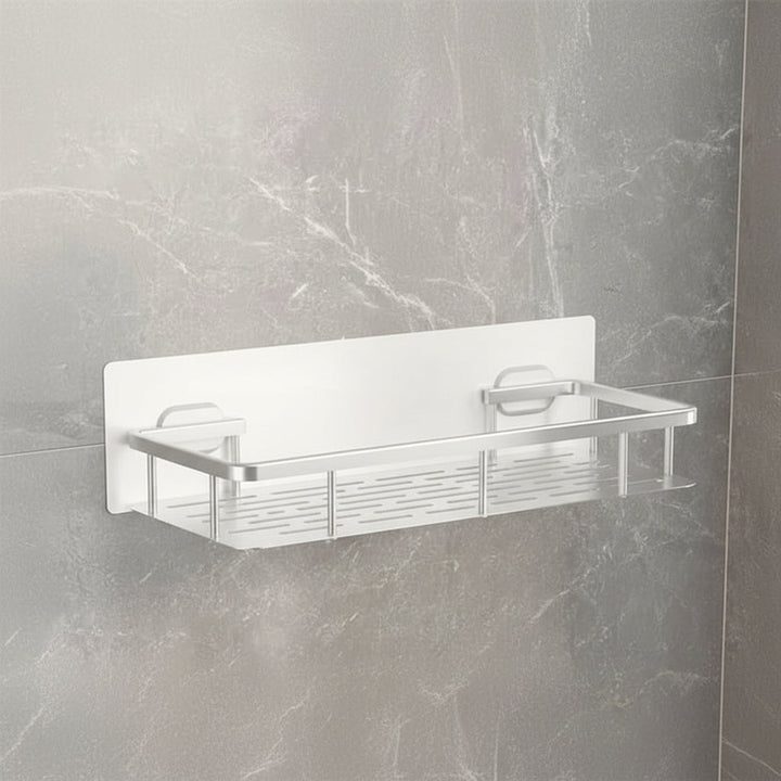 Designorientiertes Wandregal, selbstklebend, für Badutensilien, aus robustem ABS-Kunststoff.