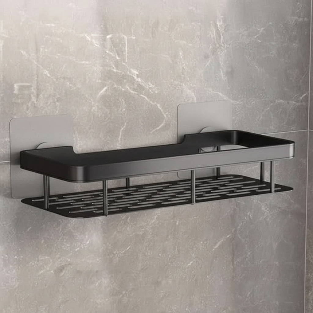 Robustes bohrfreies Badregal, ideal für Handtücher und Pflegeprodukte, platzsparend & modern.