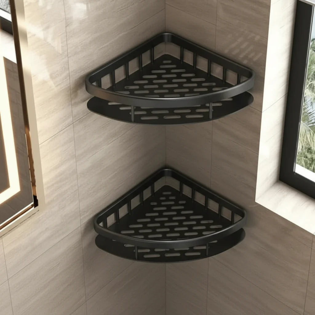 Elegantes Badezimmerregal, selbstklebend und bohrfrei, für Seifen & Bürsten, schafft Ordnung.