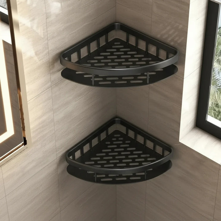 Elegantes Badezimmerregal, selbstklebend und bohrfrei, für Seifen & Bürsten, schafft Ordnung.