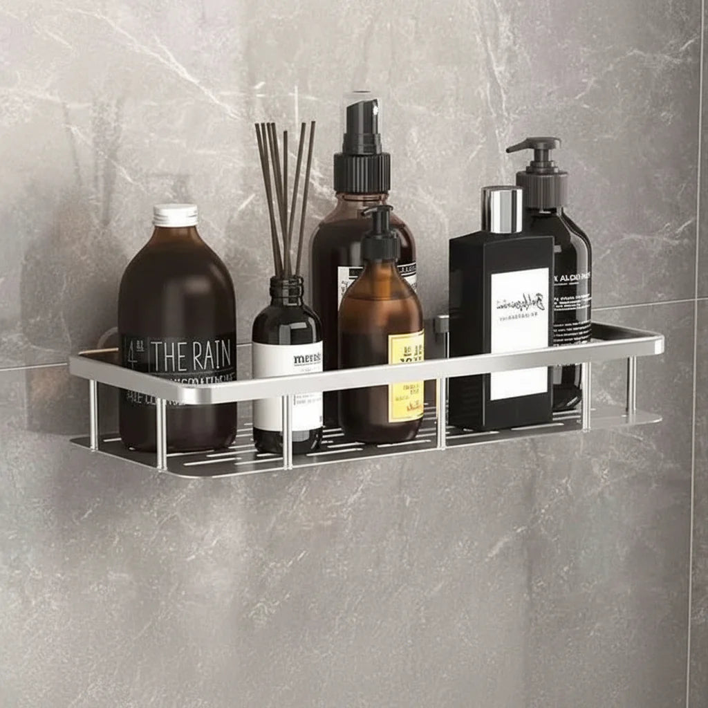 Stilvolle bohrfreie Wandaufbewahrung für Duschzubehör, robustes Kleberegal, modernes Design.