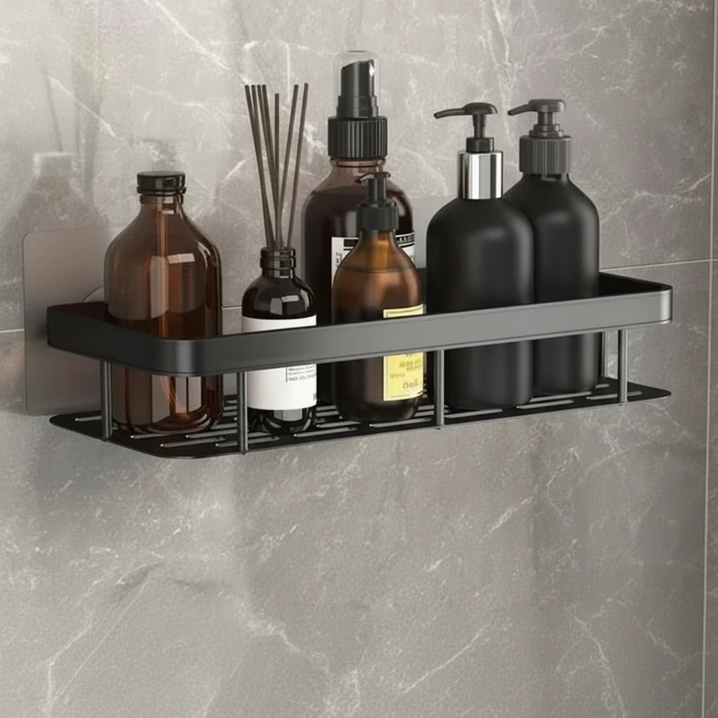 Platzsparendes Badezimmerregal ohne Bohren, ideal für Shampoo & Seife, einfache Montage.