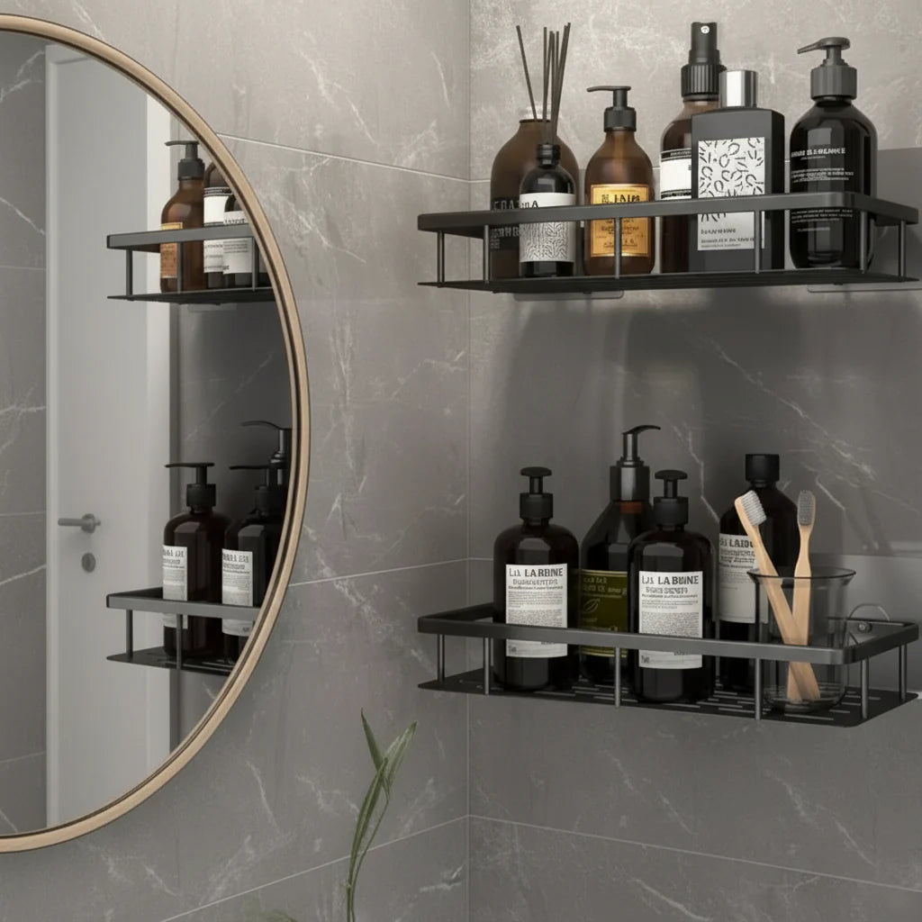 Elegantes bohrfreies Kleberegal, perfekt für die Badezimmerorganisation im kleinen Bad, minimalistisch.