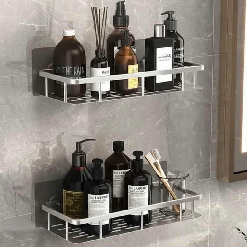 Funktionales bohrfreies Badezimmerregal für Shampoo und Duschgel, einfache Montage, platzsparend.