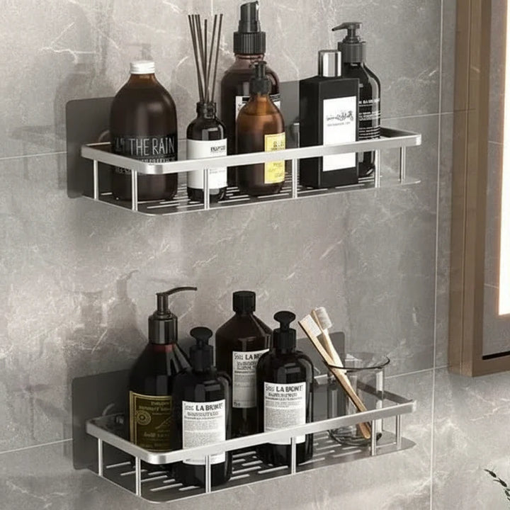 Funktionales bohrfreies Badezimmerregal für Shampoo und Duschgel, einfache Montage, platzsparend.
