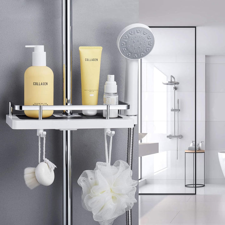 Elegantes Duschregal aus rostfreiem Edelstahl, bohrfrei & verstellbar, perfekte Duschablage für Badzubehör.