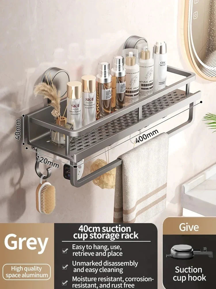 Modernes, bohrfreies Saugnapf-Wandregal für die Dusche, minimalistisches Design aus robustem Aluminium.
