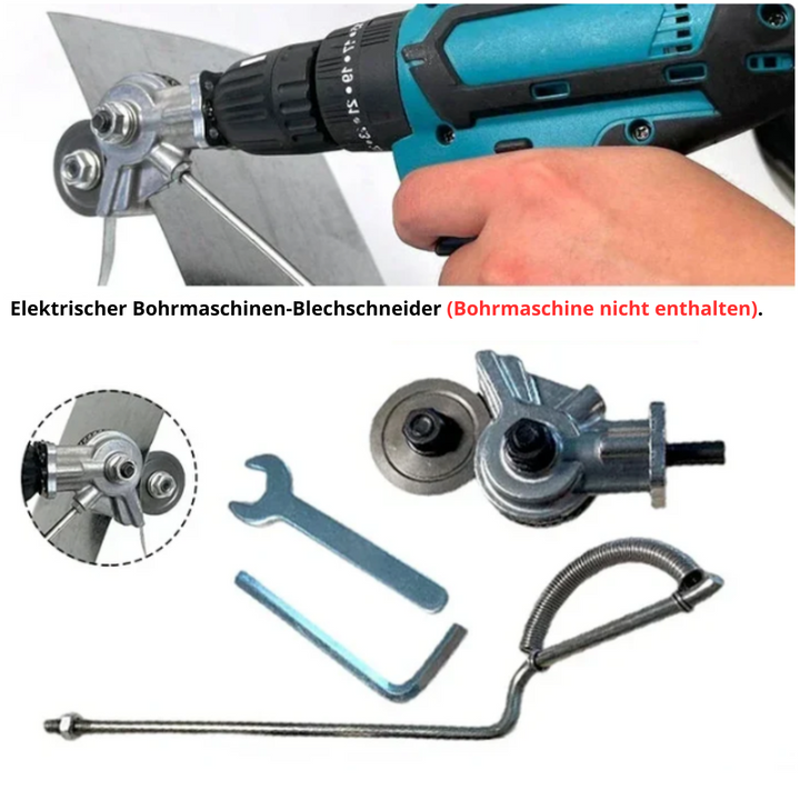 Handliche Metallschere DrillCut Pro, passend für Bohrmaschinen und Akkuschrauber. Präzises Schneidwerkzeug für Handwerk.